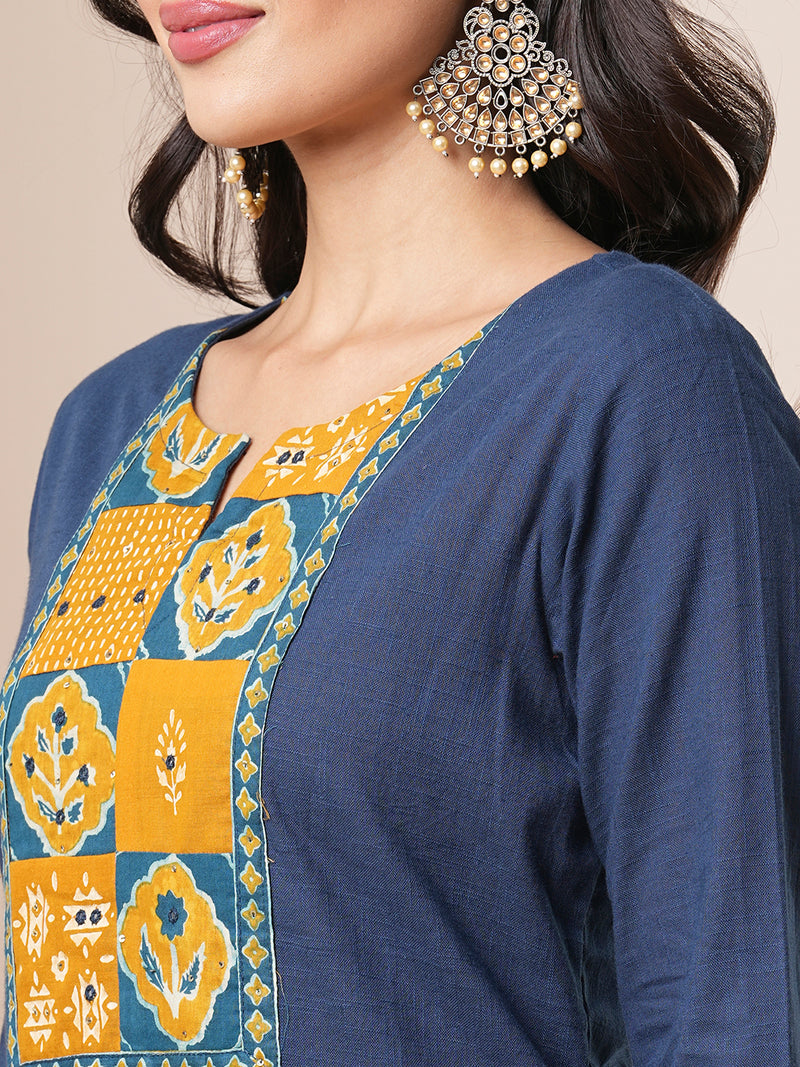 Blue straight kurta set with traditional block printed bottoms and kota dupatta.