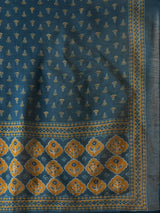 Blue straight kurta set with traditional block printed bottoms and kota dupatta.