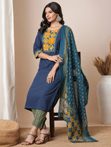 Blue straight kurta set with traditional block printed bottoms and kota dupatta.