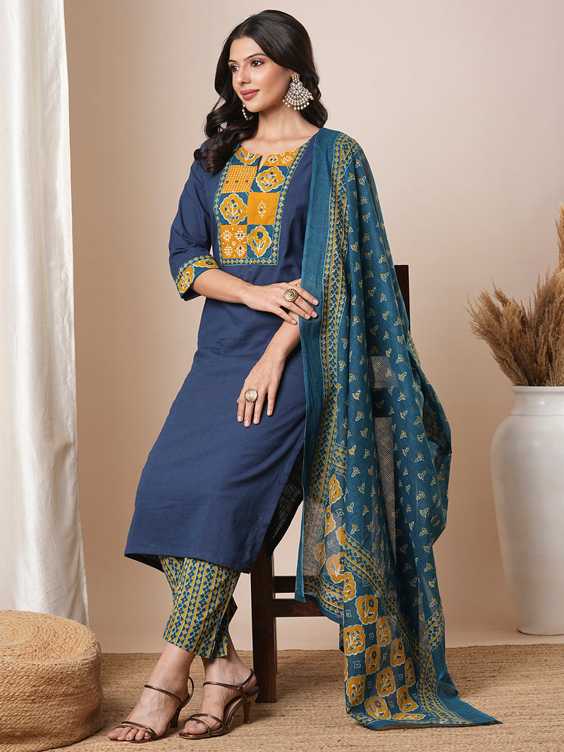 Blue straight kurta set with traditional block printed bottoms and kota dupatta.