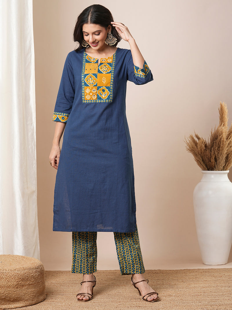 Blue straight kurta set with traditional block printed bottoms and kota dupatta.