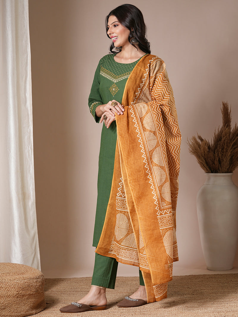 Green straight kurta set with geometrically printed mustard kota dupatta.