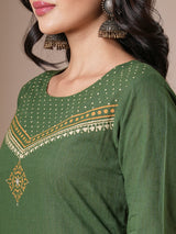 Green straight kurta set with geometrically printed mustard kota dupatta.