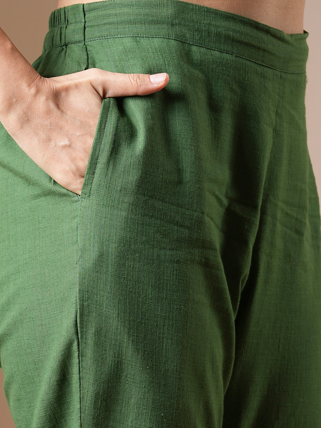 Green straight kurta set with geometrically printed mustard kota dupatta