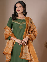 Green straight kurta set with geometrically printed mustard kota dupatta.