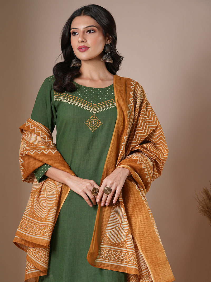 Green straight kurta set with geometrically printed mustard kota dupatta.