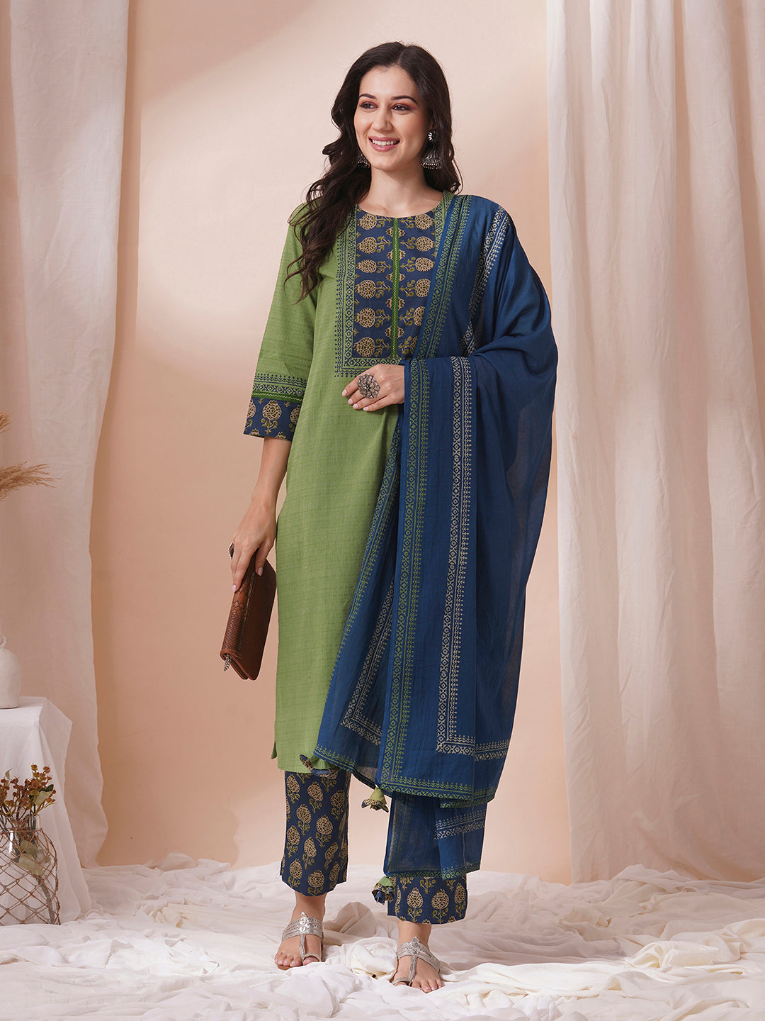 Block printed kurta suit set with printed dupatta and printed pant.