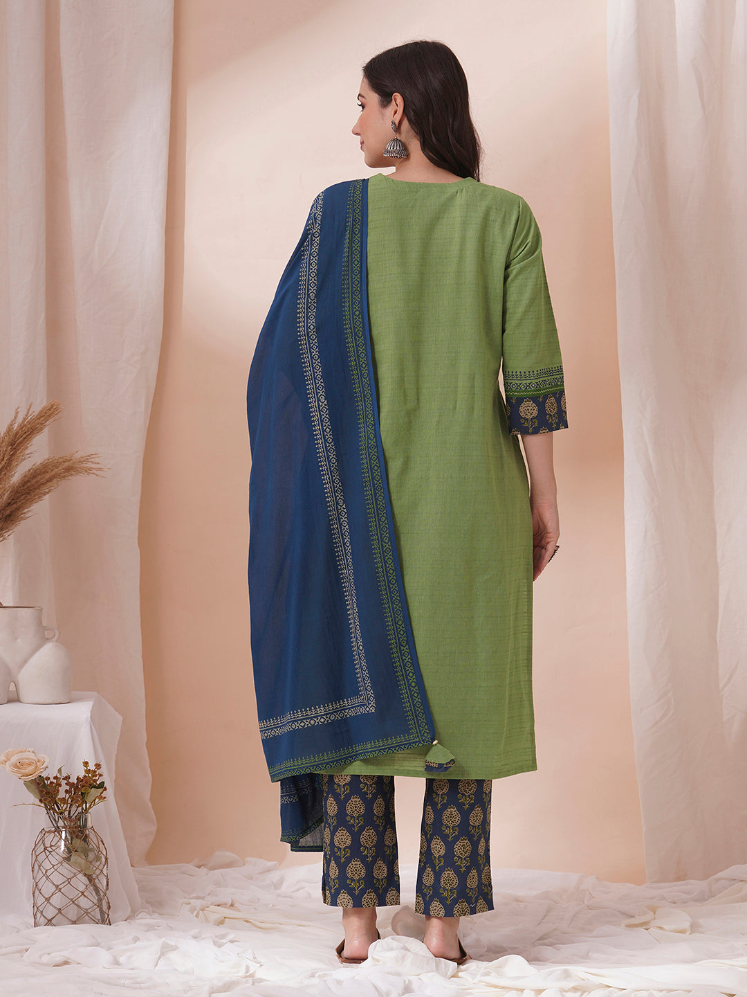 Block printed kurta suit set with printed dupatta and printed pant.