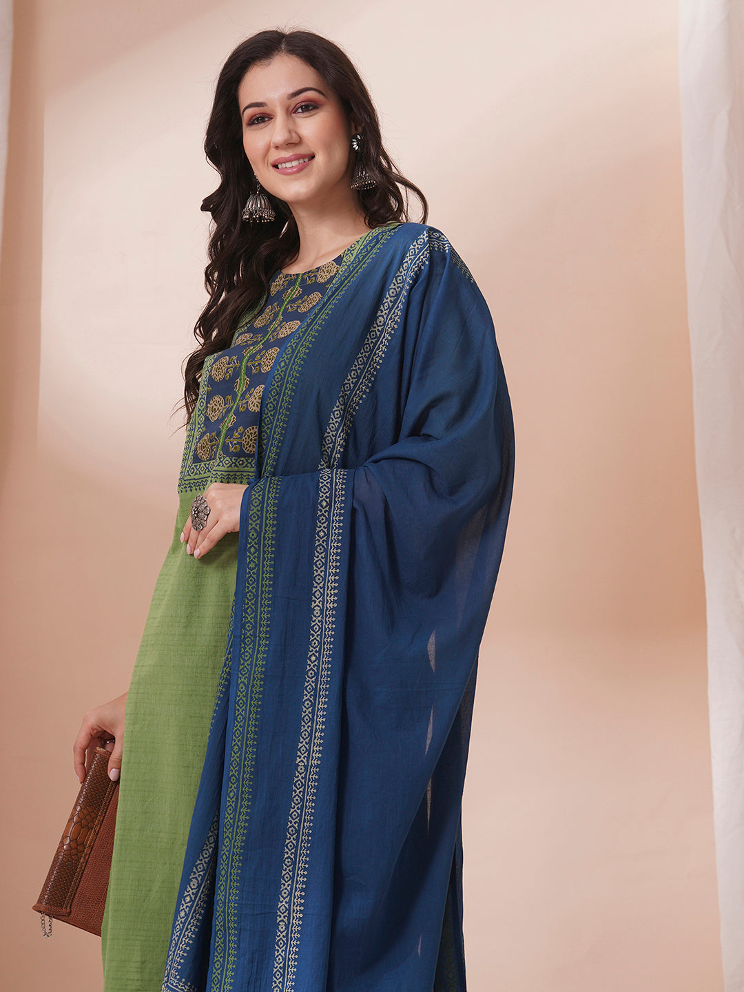 Block printed kurta suit set with printed dupatta and printed pant.