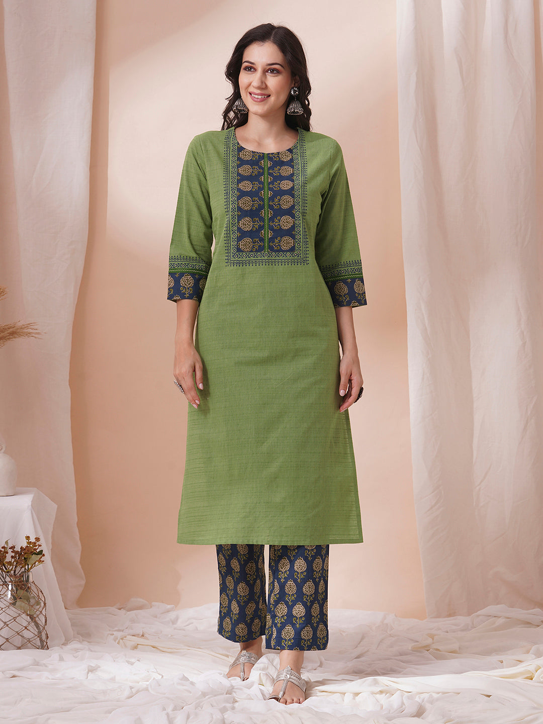 Block printed kurta suit set with printed dupatta and printed pant.