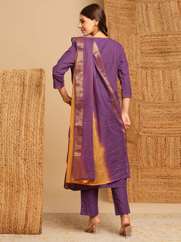 Purple self-textured checks straight suit set with floral embroidery & kota doria dupatta.