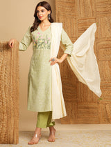 Light green straight kurta with delicate lace detailing  and embroidery on the yoke paired With a beige mull dupatta and self bottom.