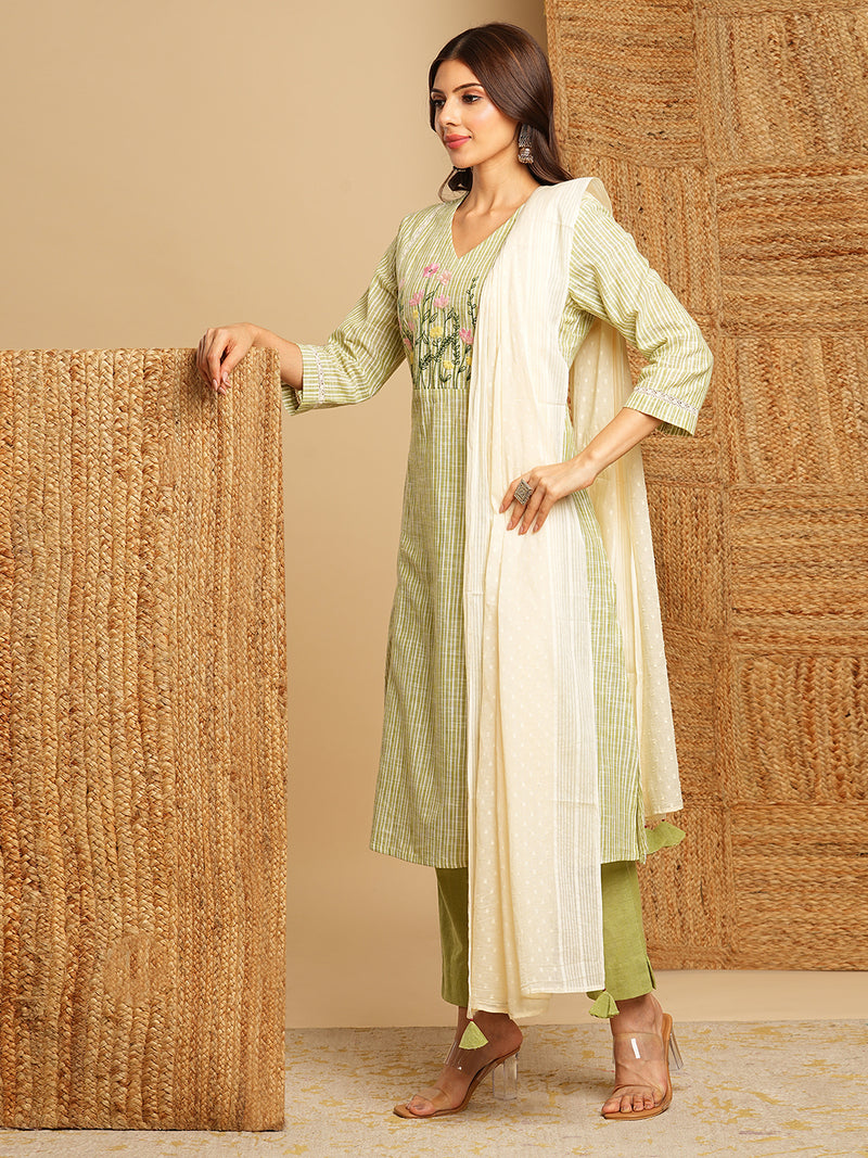 Light green straight kurta with delicate lace detailing  and embroidery on the yoke paired With a beige mull dupatta and self bottom.