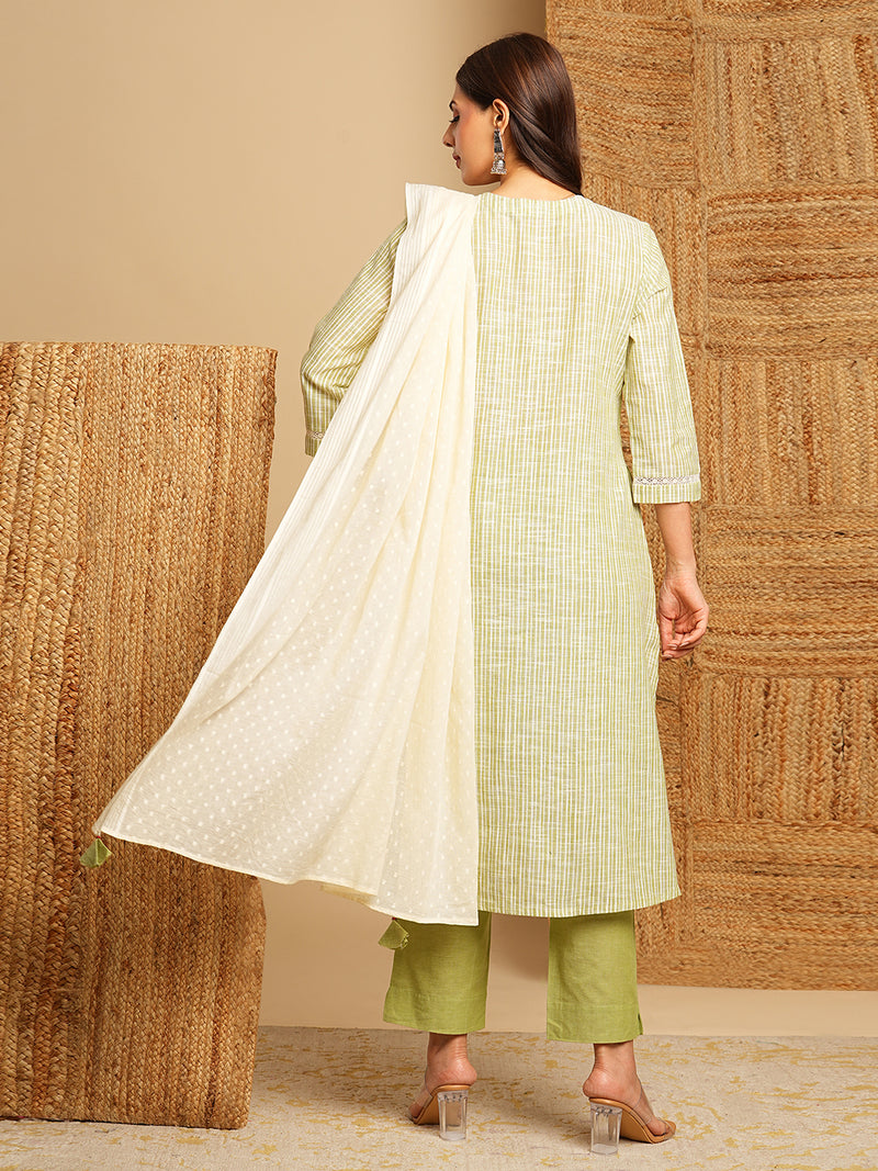 Light green straight kurta with delicate lace detailing  and embroidery on the yoke paired With a beige mull dupatta and self bottom.