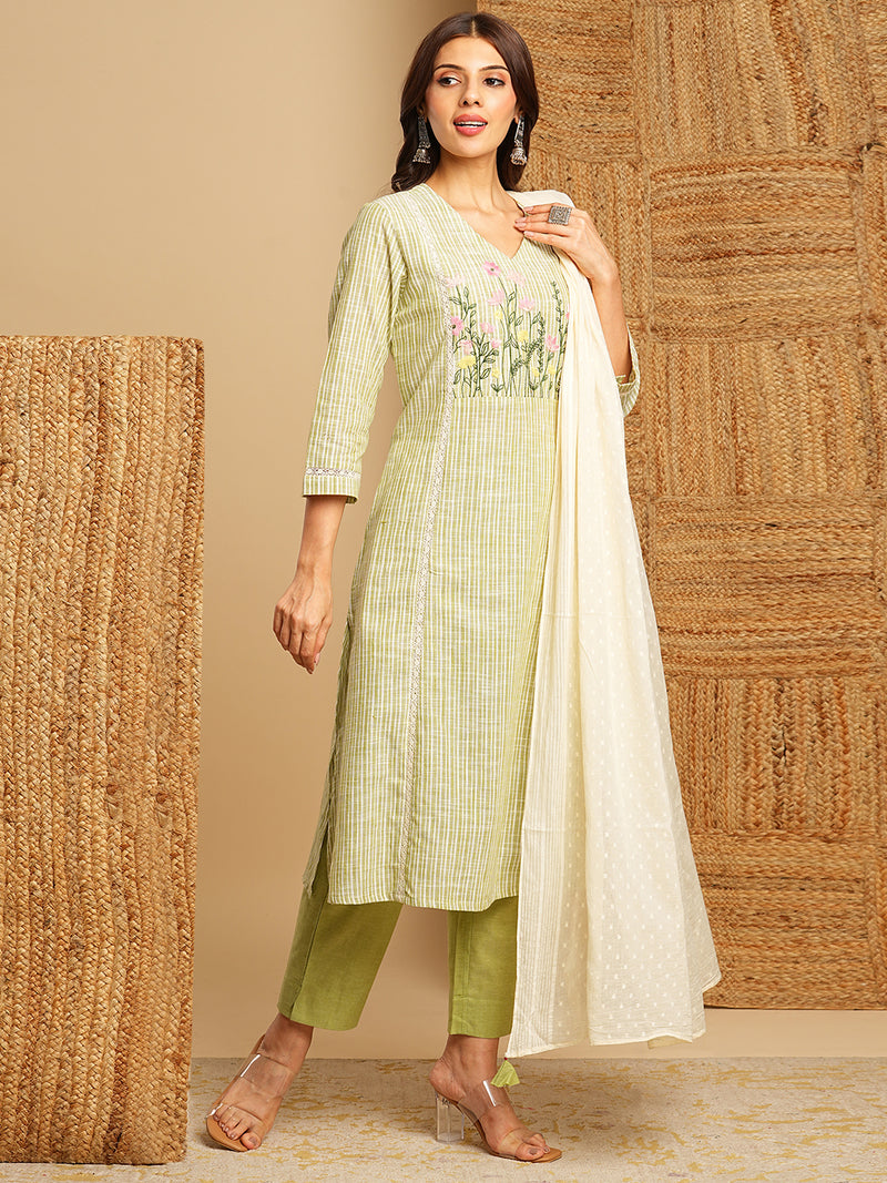 Light green straight kurta with delicate lace detailing  and embroidery on the yoke paired With a beige mull dupatta and self bottom.