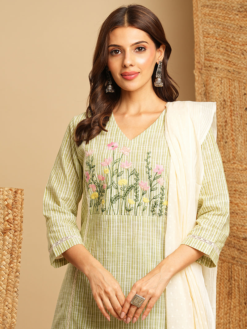 Light green straight kurta with delicate lace detailing  and embroidery on the yoke paired With a beige mull dupatta and self bottom.