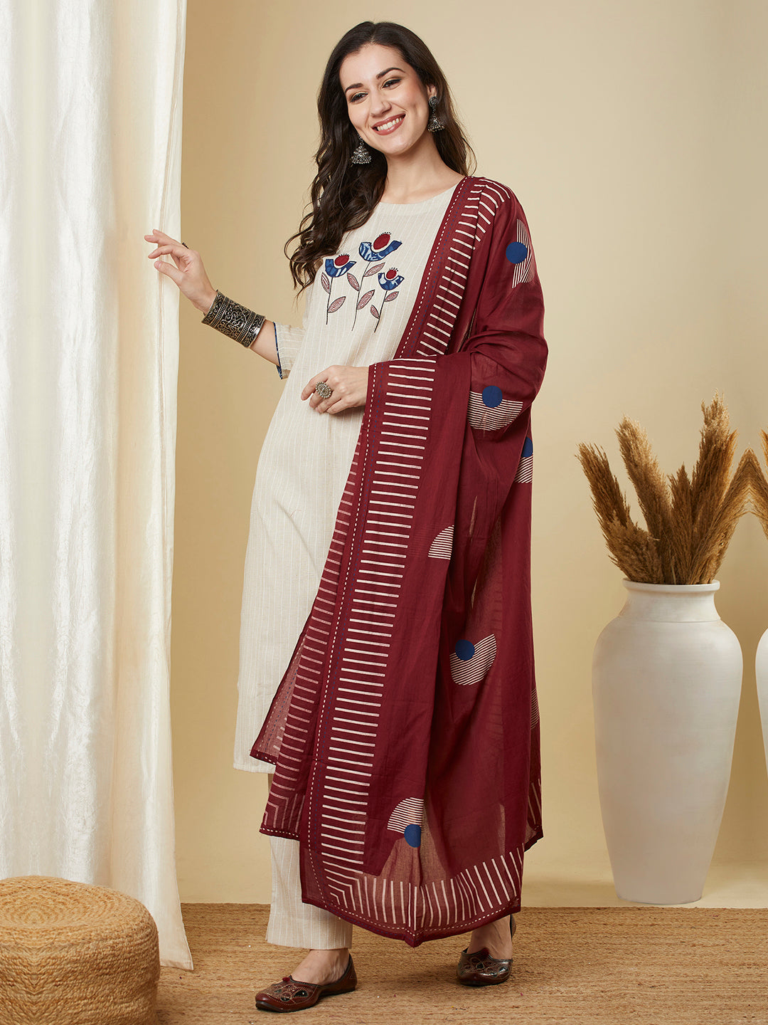Beige Kantha straight kurta with modern applique combined with a marron block-printed mull dupatta and self bottom