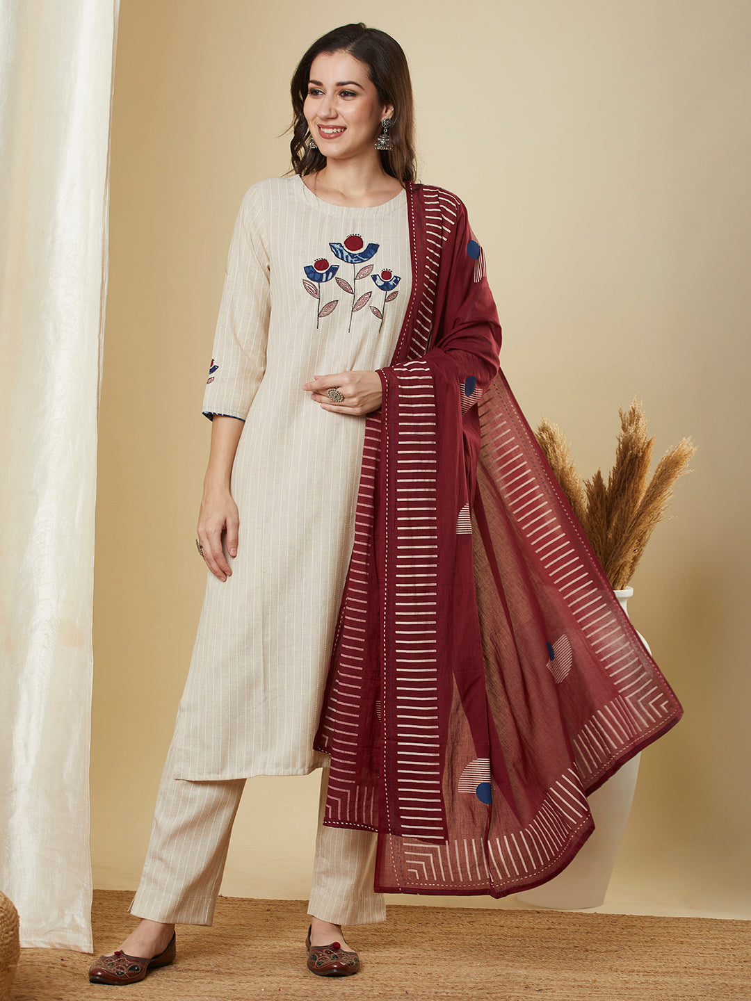 Beige Kantha straight kurta with modern applique combined with a marron block-printed mull dupatta and self bottom
