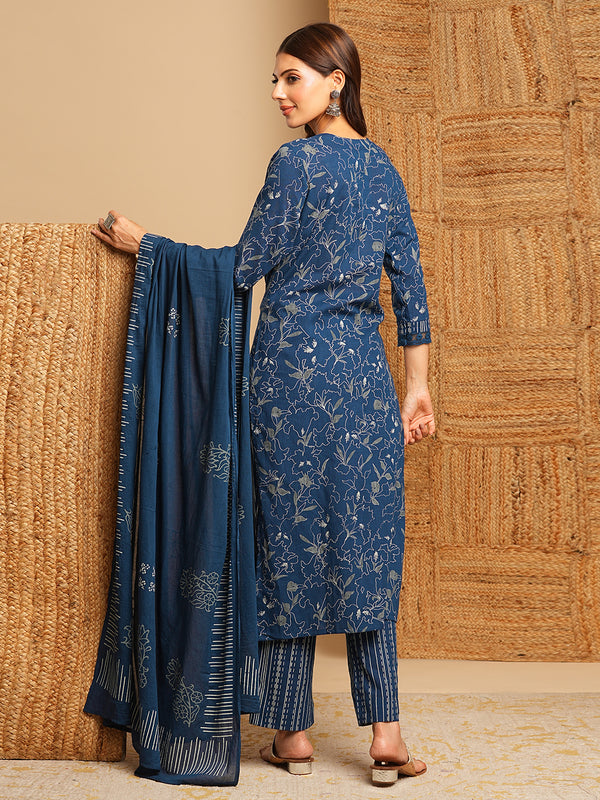 Blue floral straight suit set with lace embellishment at the neckline and cuffs.