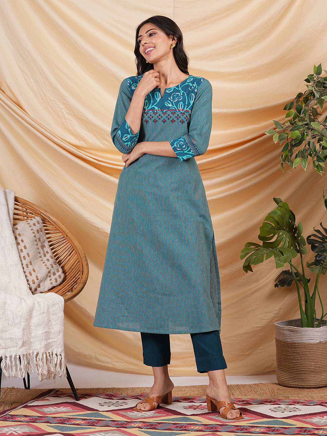 A line striped kurta with printed cotton trim,block print and hand embroidery