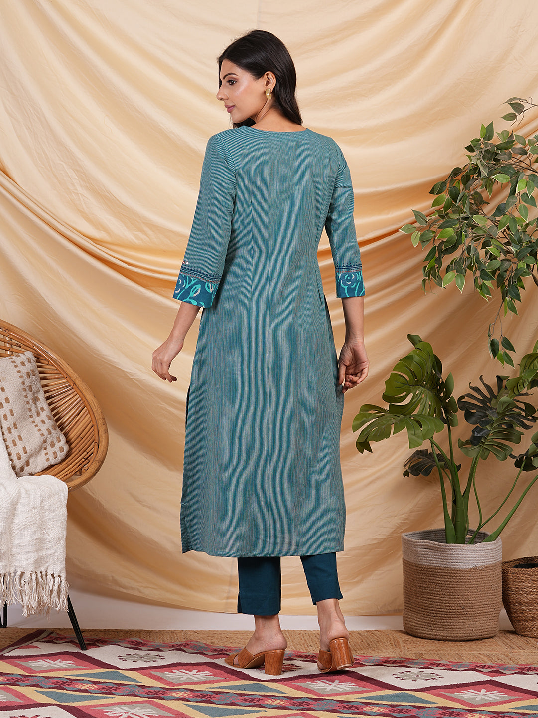 A line striped kurta with printed cotton trim,block print and hand embroidery