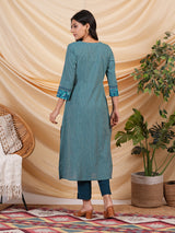 A line striped kurta with printed cotton trim,block print and hand embroidery.