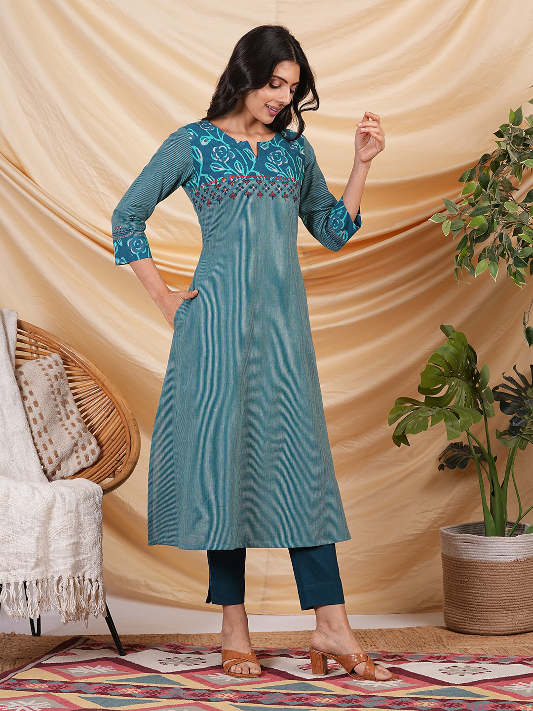 A line striped kurta with printed cotton trim,block print and hand embroidery