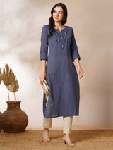 Straight cotton stripe kurta with hand applique and embroidery detailing.