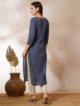 Straight cotton stripe kurta with hand applique and embroidery detailing.