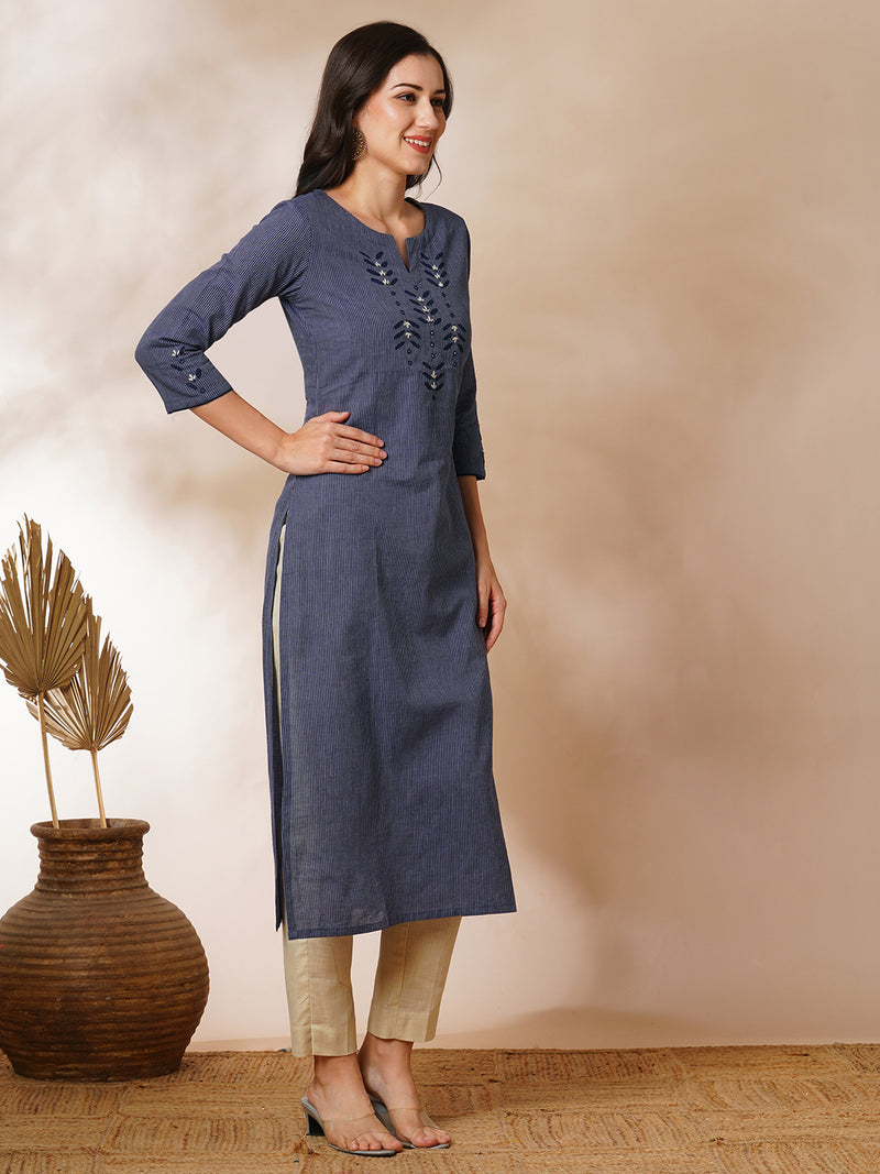 Straight cotton stripe kurta with hand applique and embroidery detailing.