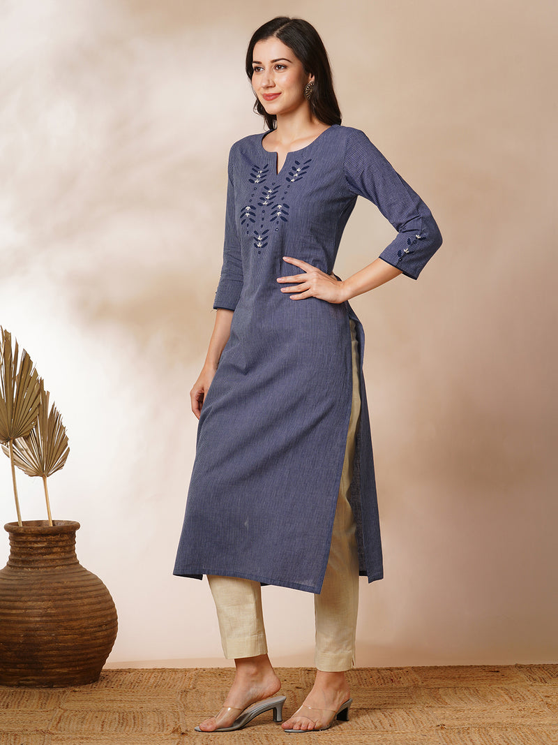 Straight cotton stripe kurta with hand applique and embroidery detailing.