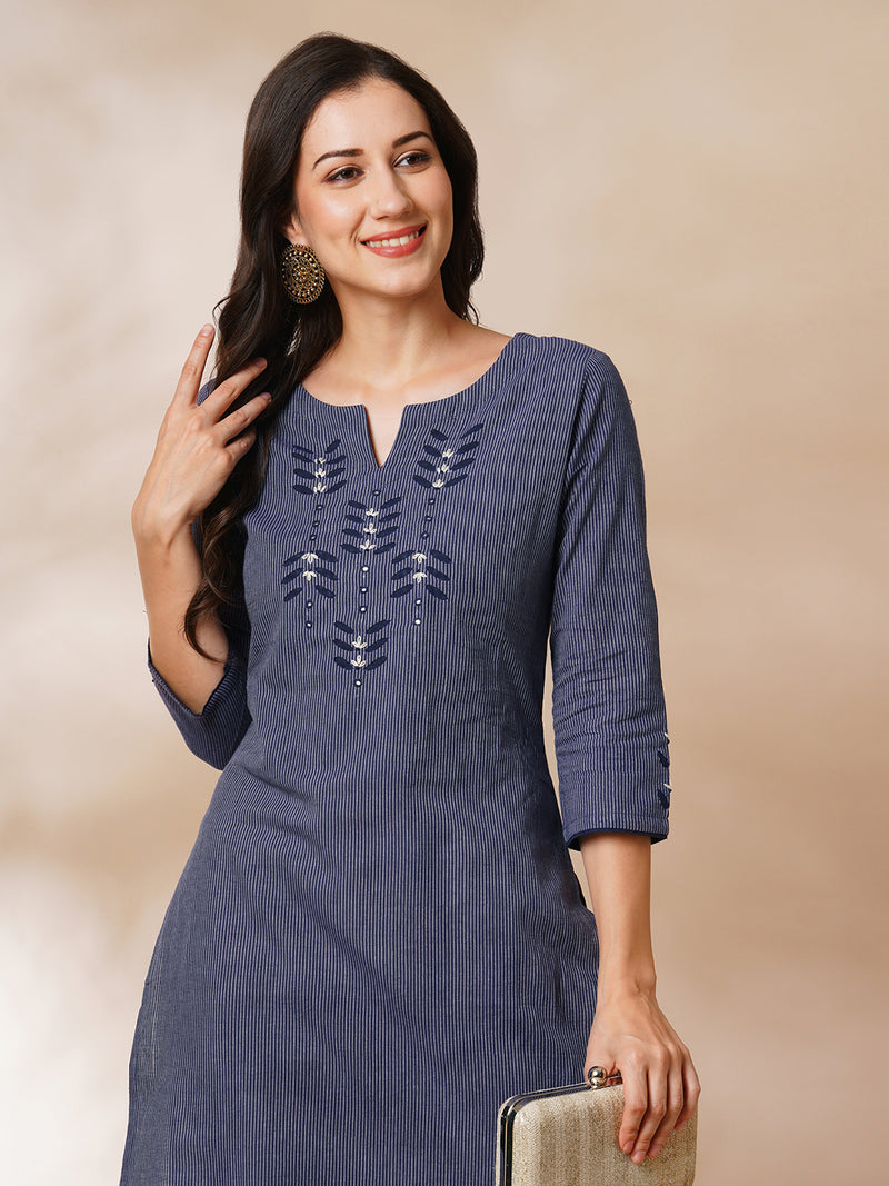 Straight cotton stripe kurta with hand applique and embroidery detailing.