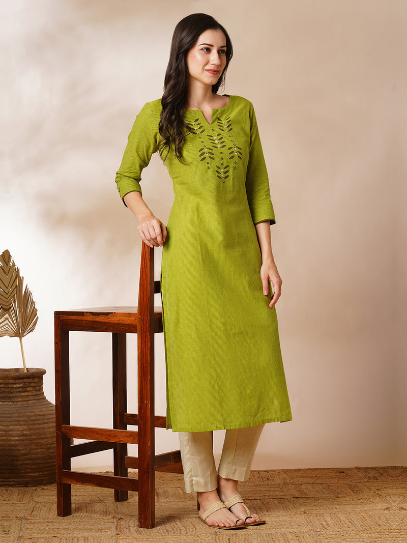 Straight cotton stripe kurta with hand applique and embroidery detailing.