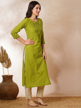 Straight cotton stripe kurta with hand applique and embroidery detailing.