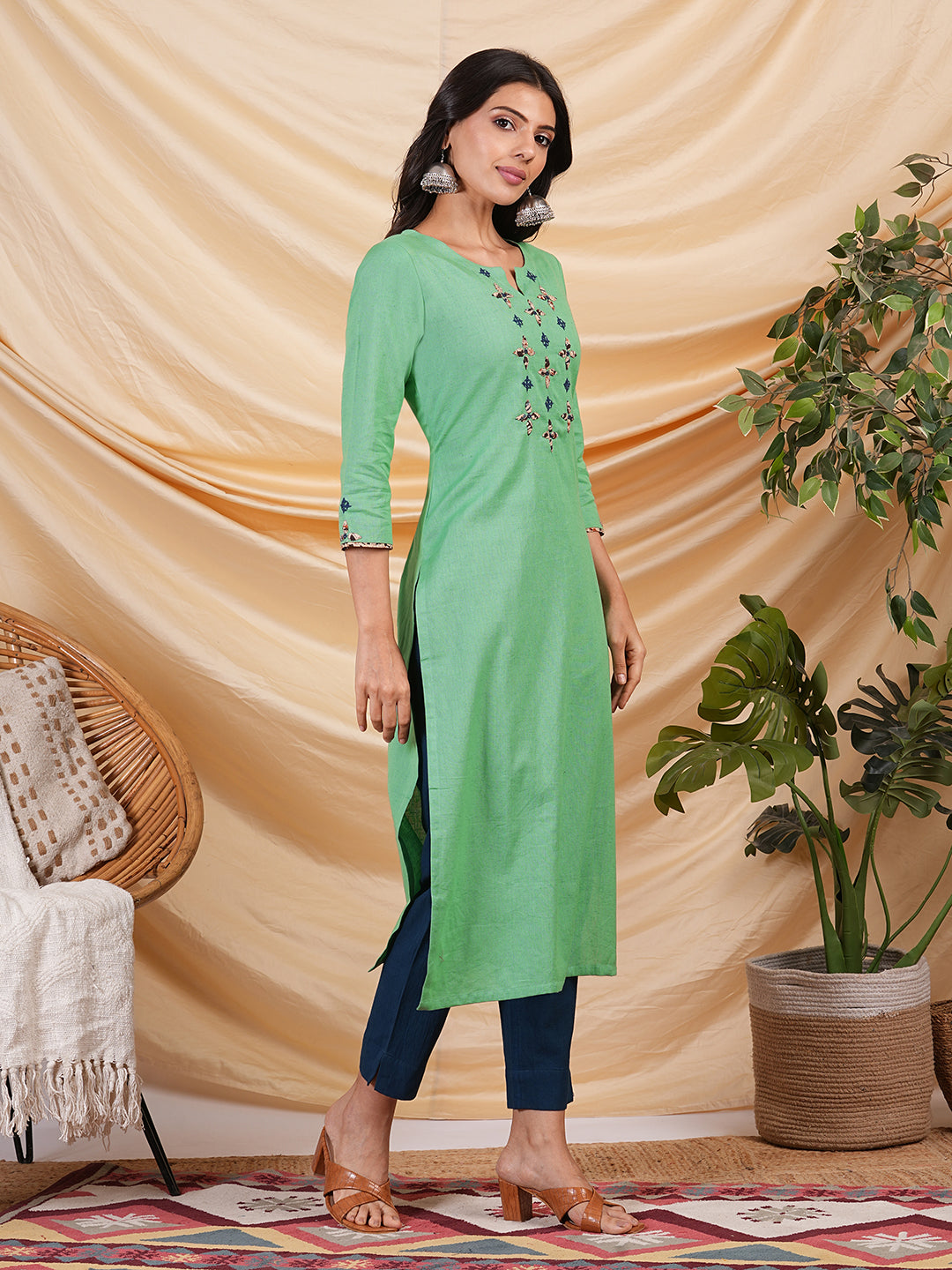 Straight Cotton flax kurta with hand embroidery and hand applique detailing