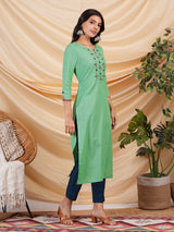 Straight Cotton flax kurta with hand embroidery and hand applique detailing.