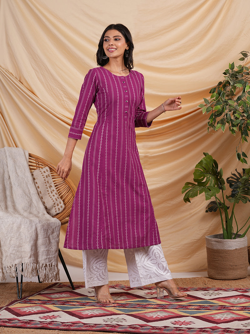 A line woven kurta with a shoulder princess line with a central placket.