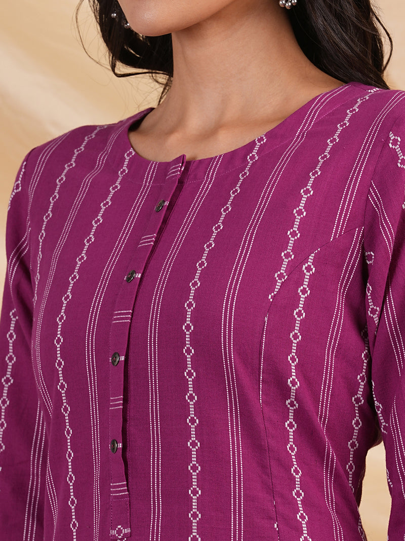 A line woven kurta with a shoulder princess line with a central placket.