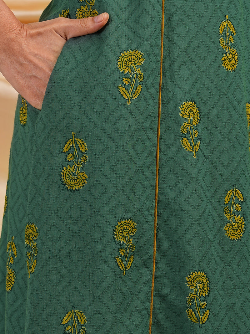 A line jacquard kurta with blend of two different prints with shoulder princess line.