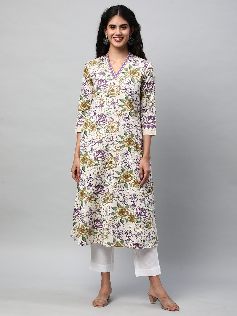 Printed a-line kurta with block print detail on neck and sleeve