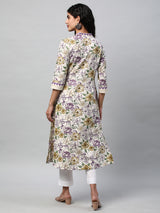 Printed a-line kurta with block print detail on neck and sleeve