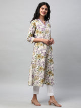 Printed a-line kurta with block print detail on neck and sleeve