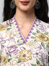 Printed a-line kurta with block print detail on neck and sleeve