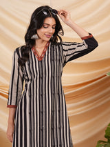 Straight cut hand block printed cotton kurta with hand embroidery.