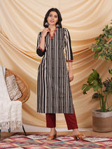 Straight cut hand block printed cotton kurta with hand embroidery.