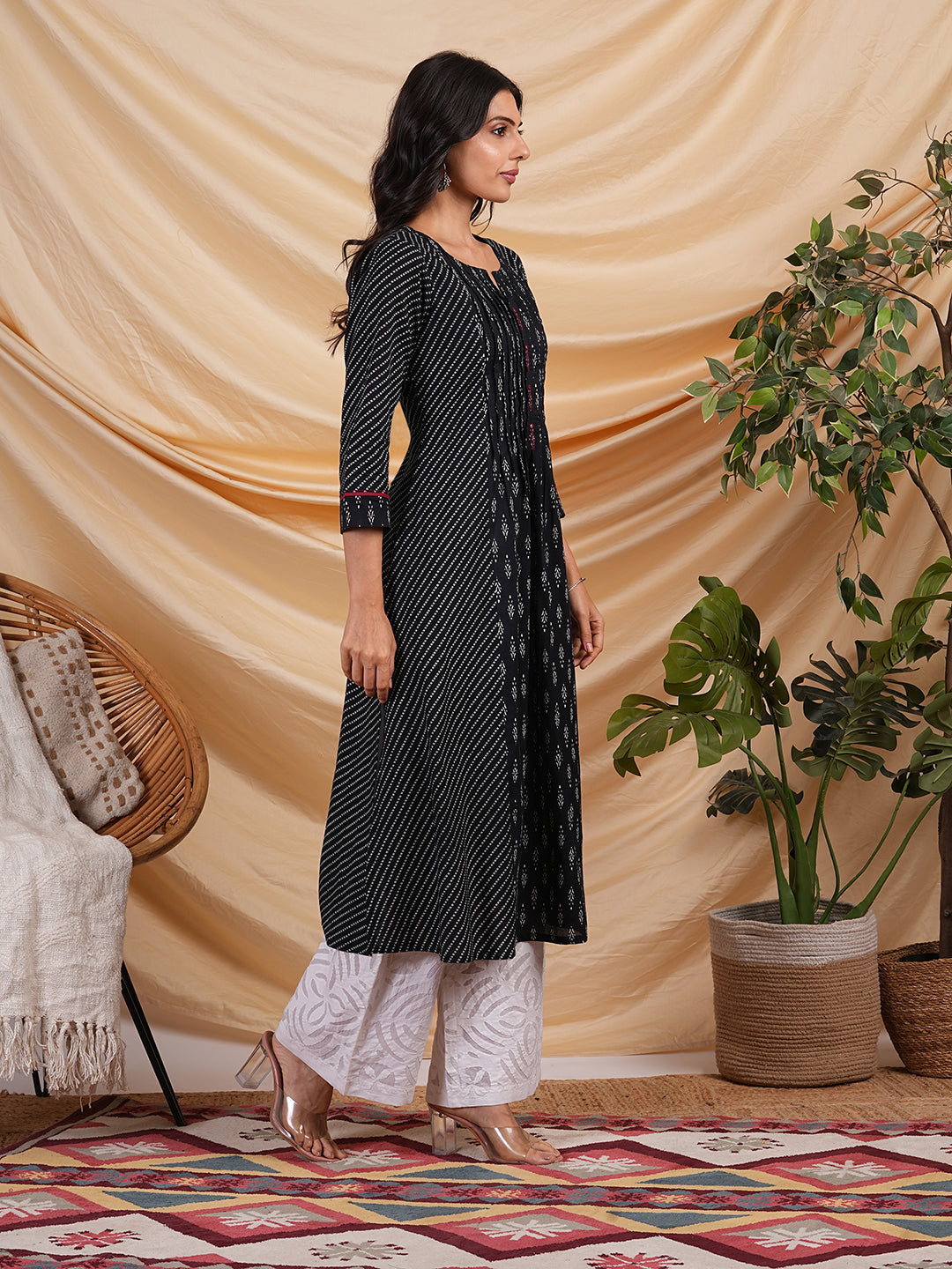 Flared Printed cotton kurta with a blend of two different prints with pleat & hand embroidery