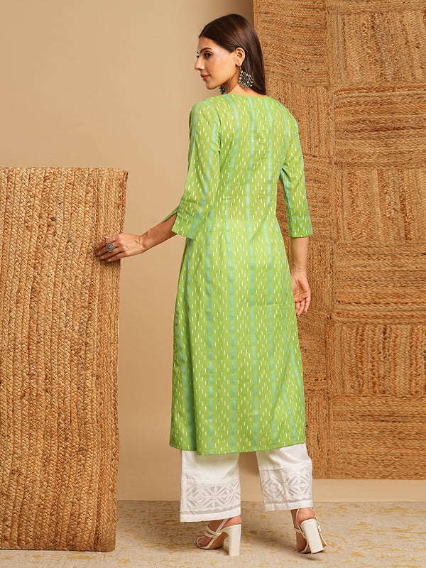 A-line kurta in soft woven cotton with hand embroidery and box pleat detailing.