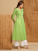 A-line kurta in soft woven cotton with hand embroidery and box pleat detailing.