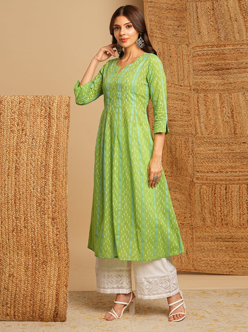 A-line kurta in soft woven cotton with hand embroidery and box pleat detailing.