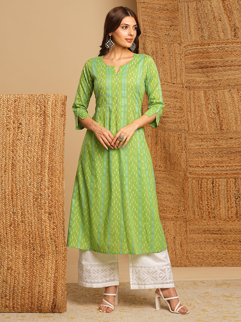 A-line kurta in soft woven cotton with hand embroidery and box pleat detailing.